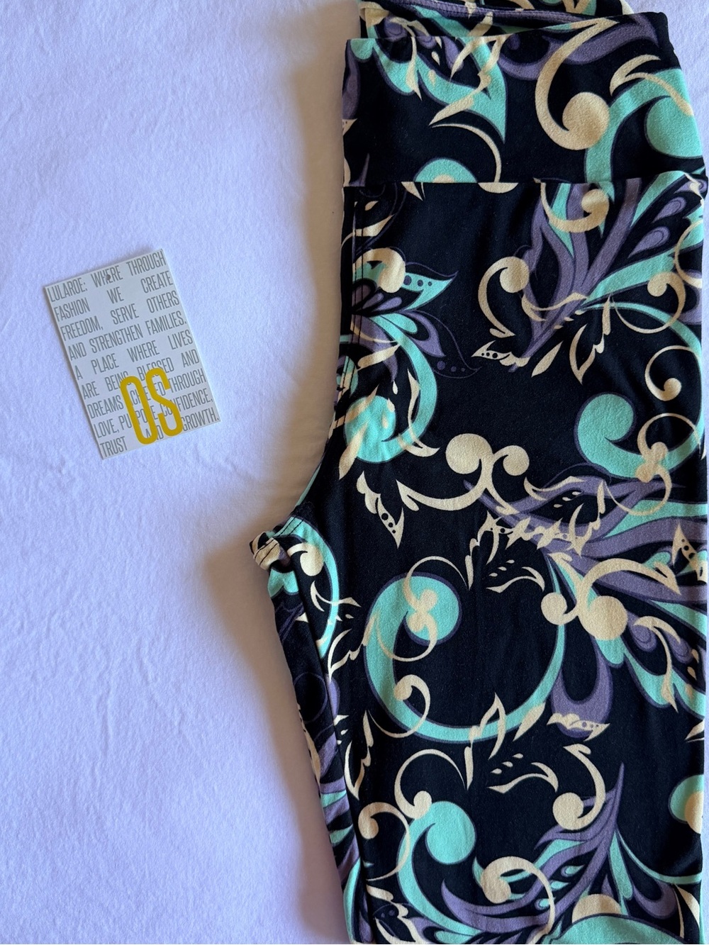 LuLaRoe Black Leggings with Mint, Lavender & Cream Scroll Print